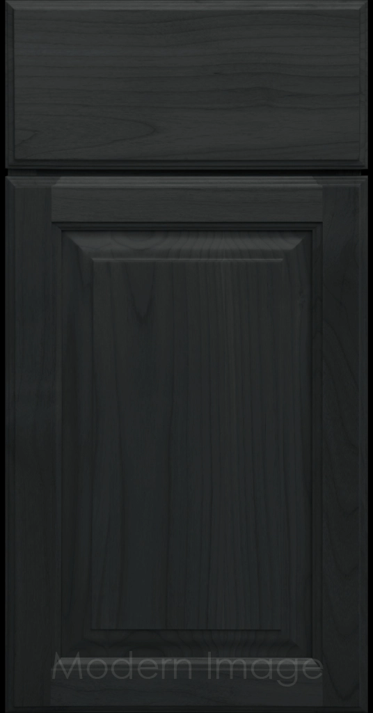 Night Sky stained Hampton raised panel kitchen cabinets with flat slab drawer fronts.